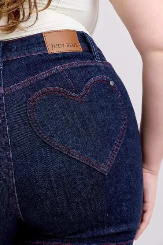 Judy Blue Full Size High Waist Heart Shaped Pkts & Red Contrast Thread Denim Shorts Plus Size - Trendsi - Flyclothing LLC