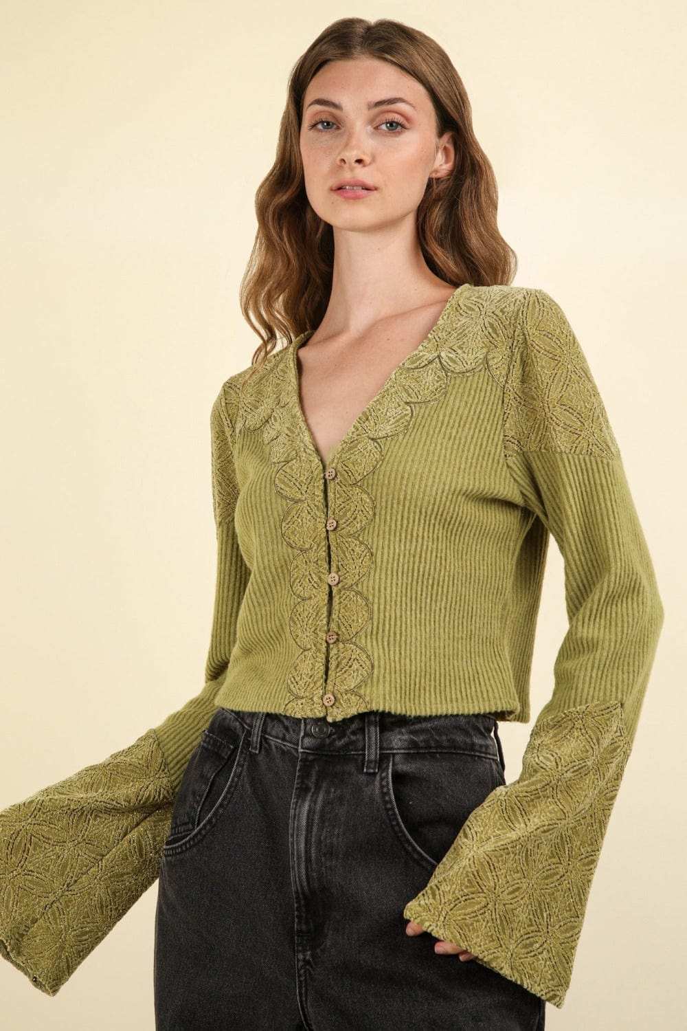 VERY J V-Neck Lace Detail Button Down Crop Ribbed Knit Top - Trendsi - Flyclothing LLC
