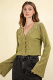 VERY J V-Neck Lace Detail Button Down Crop Ribbed Knit Top - Trendsi - Flyclothing LLC