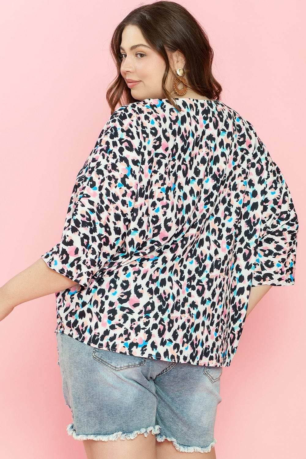 Plus Size Leopard V-Neck Three-Quarter Sleeve Blouse - Trendsi - Flyclothing LLC