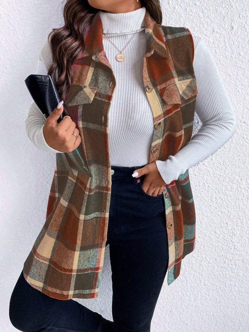 Honey Plus Size Pocketed Plaid Button Up Vest Coat - Trendsi - Flyclothing LLC