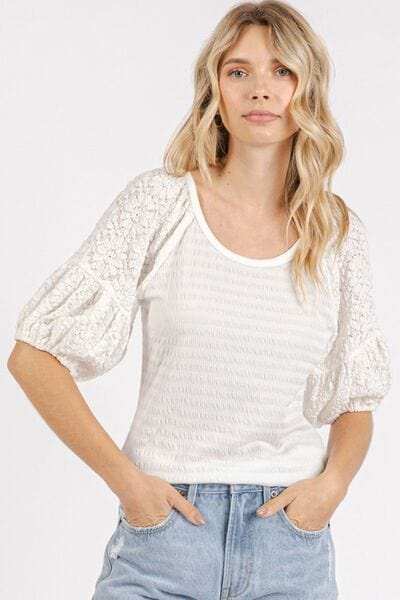 Mittoshop Mixed Media Textured Knit Popcorn Puff Sleeve Blouse - Trendsi - Flyclothing LLC