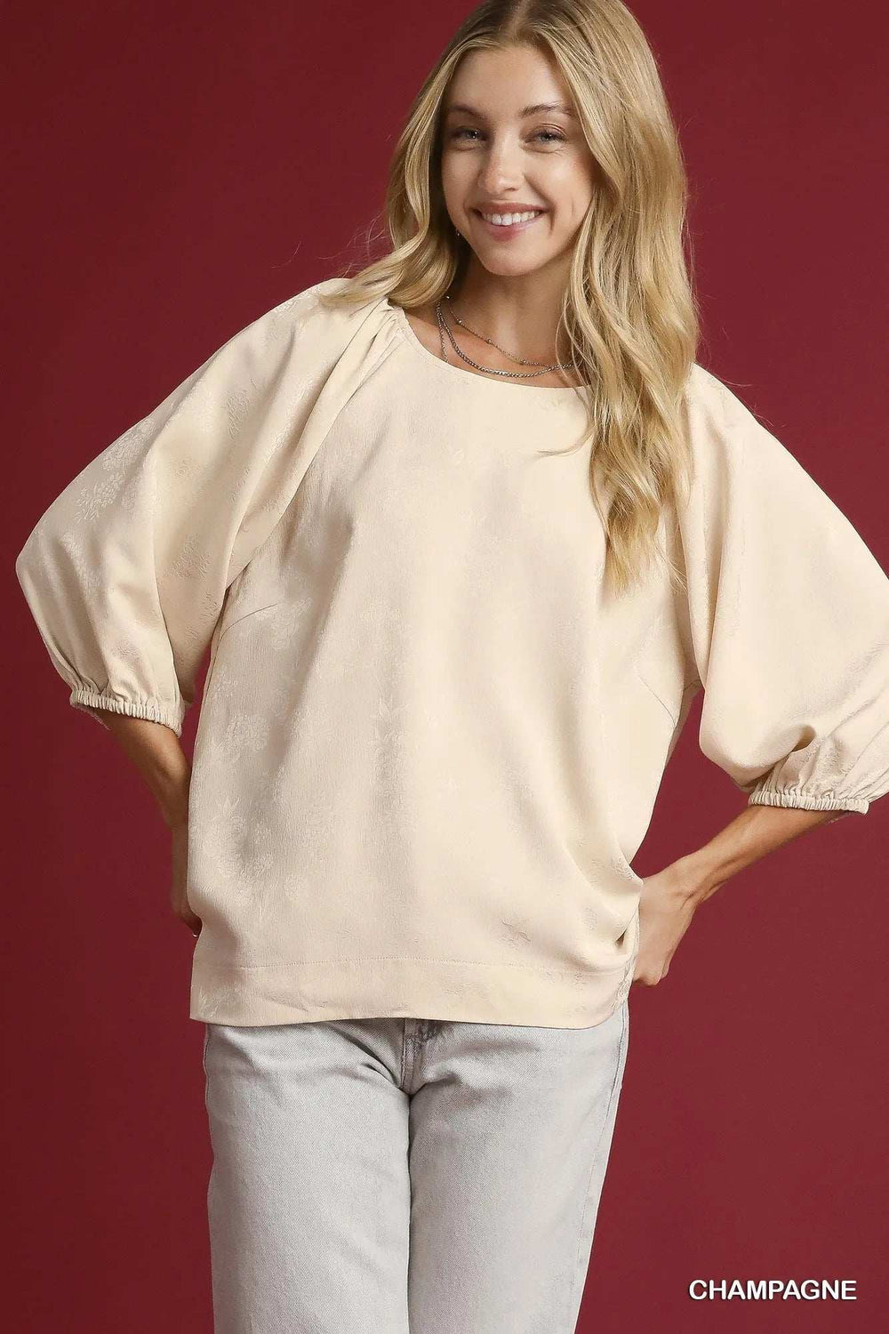 Umgee Satin Jacquard Balloon Sleeve Blouse - Trendsi - Flyclothing LLC