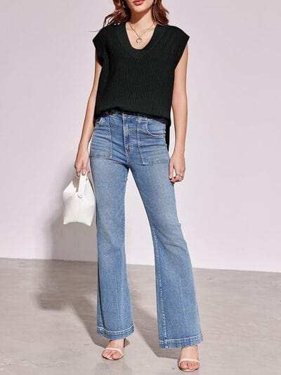 Lovelet Ribbed Slit V-Neck Sweater Vest - Trendsi - Flyclothing LLC