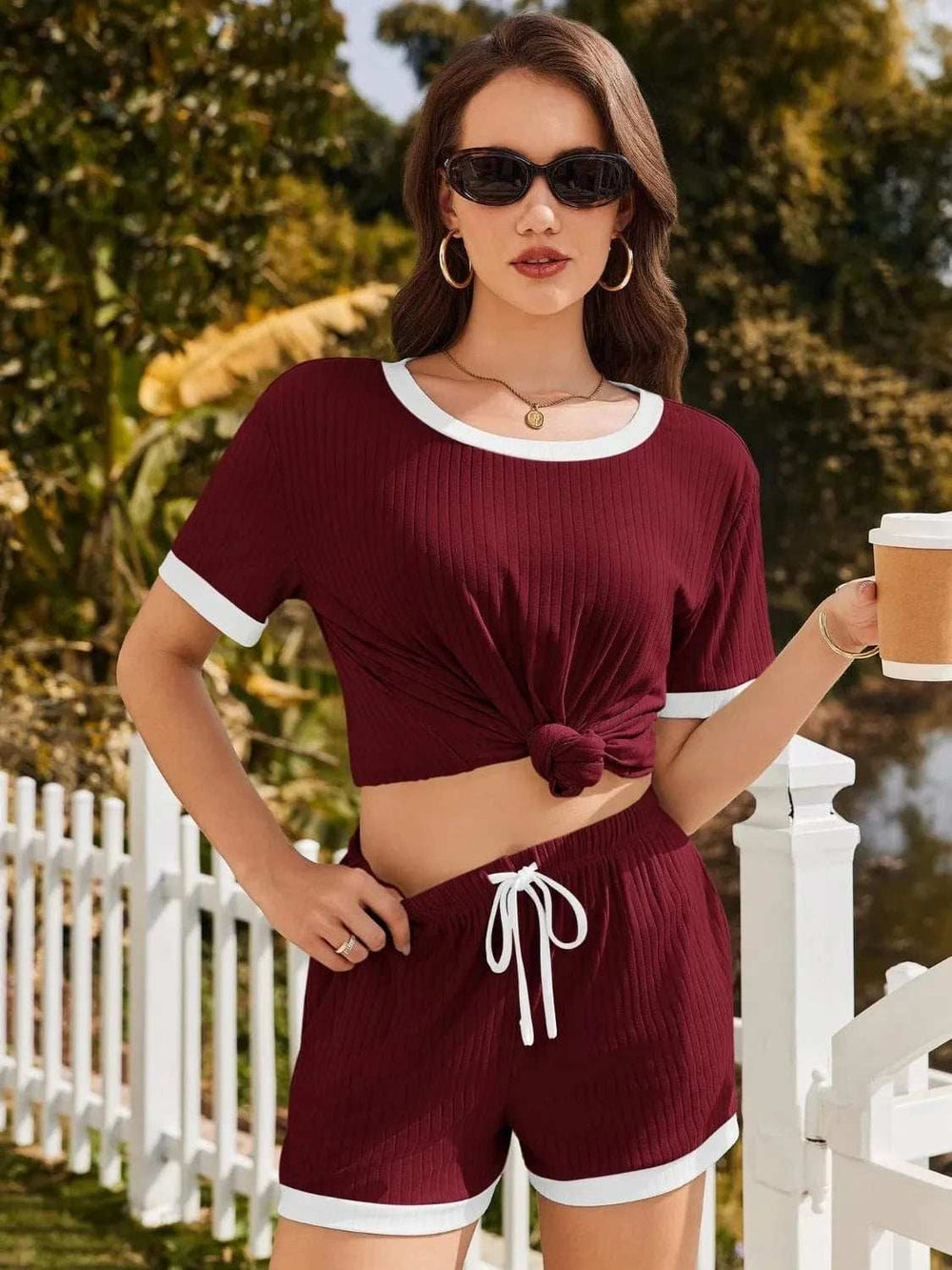 Ribbed Round Neck Top and Shorts Set - Trendsi - Flyclothing LLC