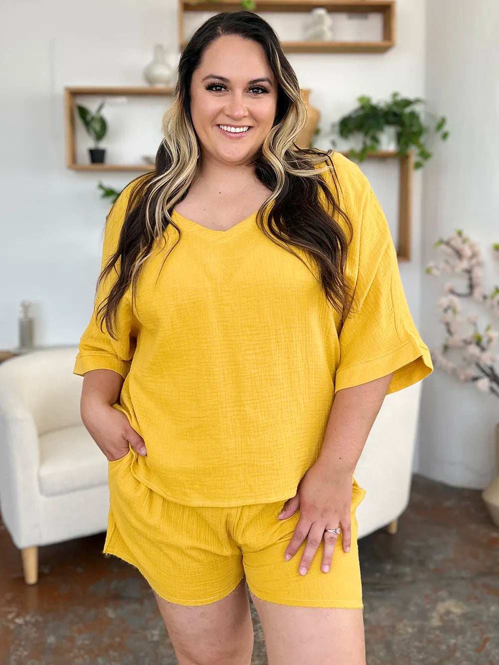 Double Take Texture Half Sleeve T-Shirt and Drawstring Shorts Set - Trendsi - Flyclothing LLC