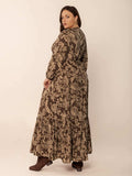 Plus Size Printed V-Neck Balloon Sleeve Maxi Dress - Trendsi - Flyclothing LLC
