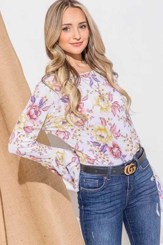 And The Why Floral Printed Bell Sleeve Casual Top - Trendsi - Flyclothing LLC