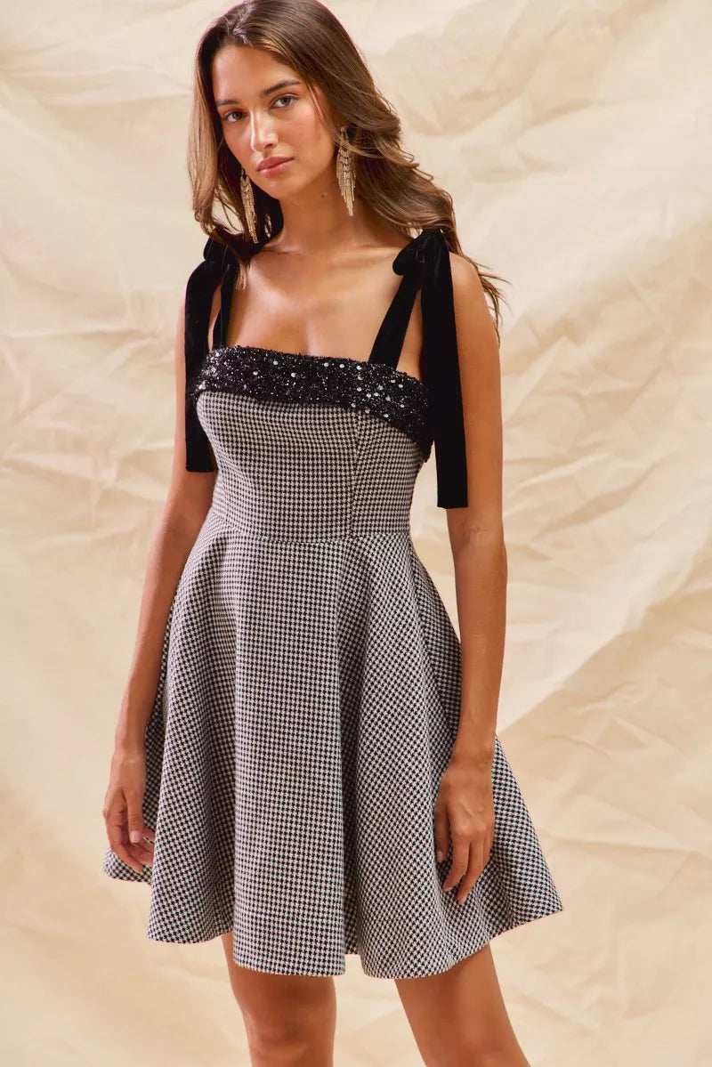 SO ME Houndstooth Fit Flare Mini Dress with Shoulder Tie - Trendsi - Flyclothing LLC