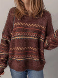 Ethnic Pattern Mohair Knitted Drop Shoulder Sweater - Trendsi - Flyclothing LLC
