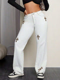Leopard Cross Detail Straight Leg Jeans - Trendsi - Flyclothing LLC