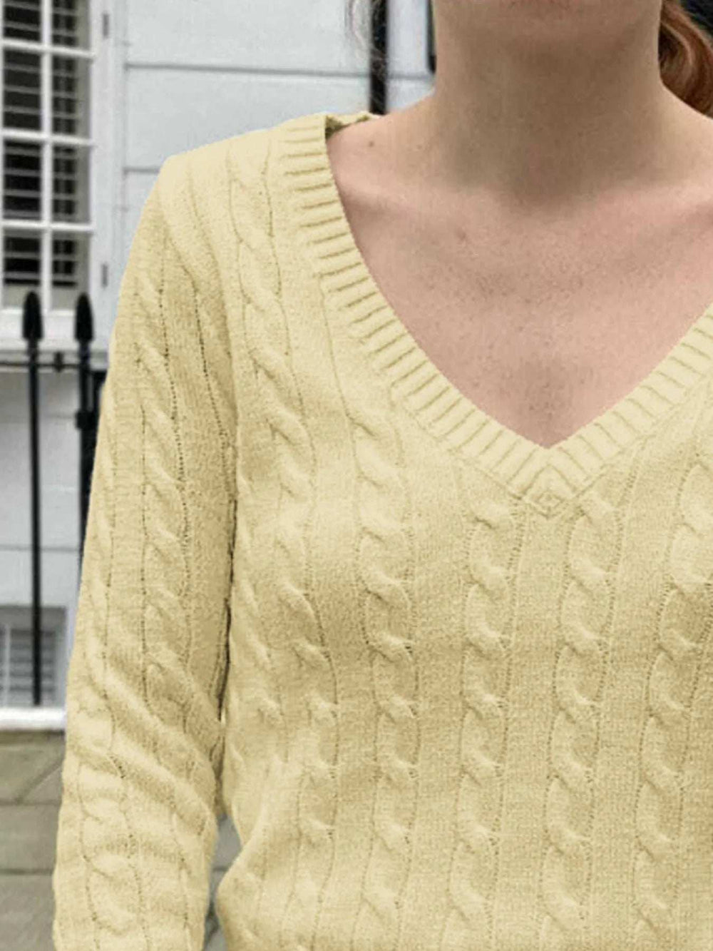 Cable Knit V-Neck Sweater - Trendsi - Flyclothing LLC