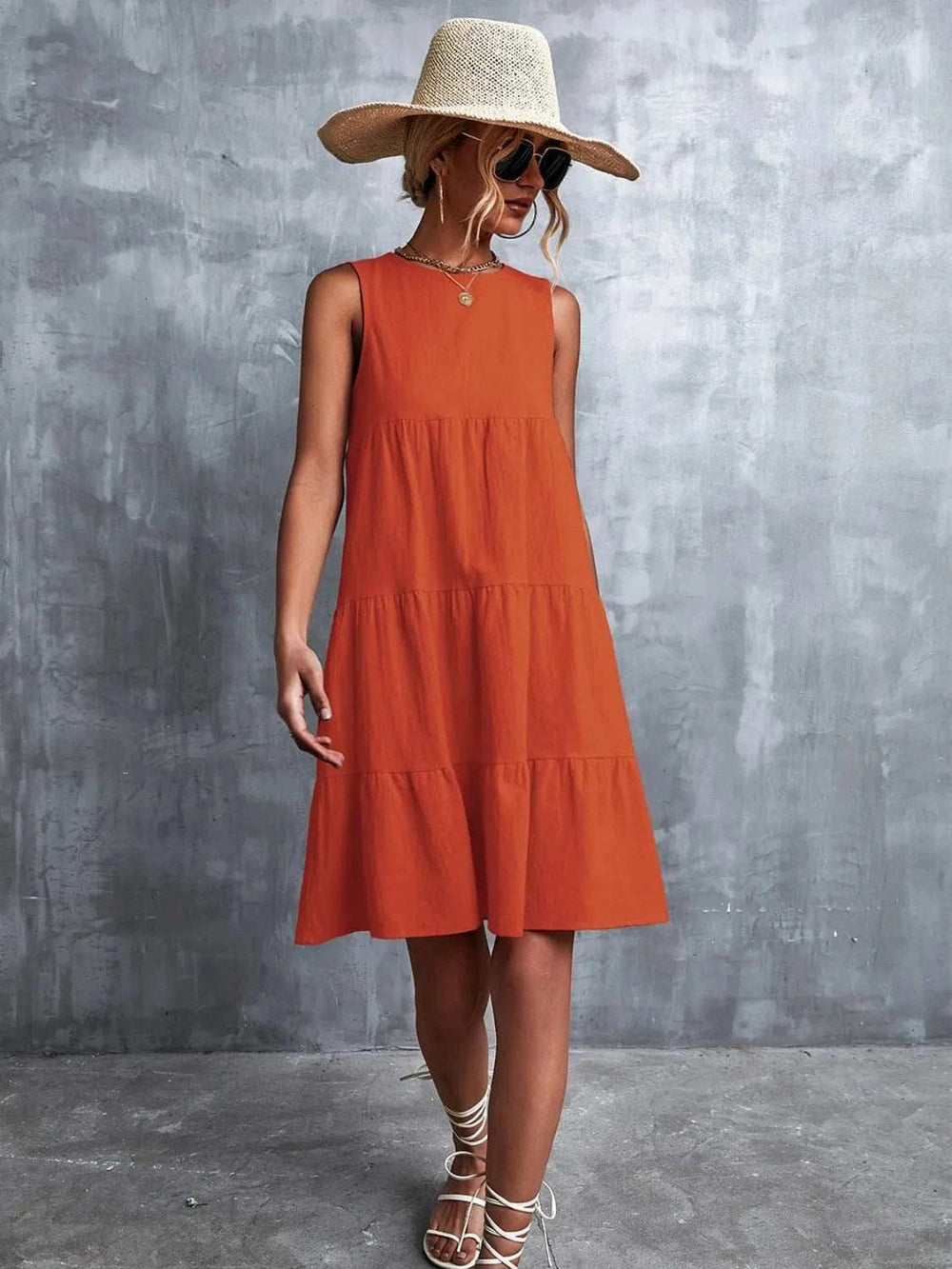 Tiered Round Neck Sleeveless Mini Tank Dress - Trendsi - Flyclothing LLC