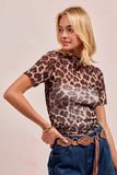 BiBi High Neck Leopard Mesh Short Sleeves Top - Trendsi - Flyclothing LLC
