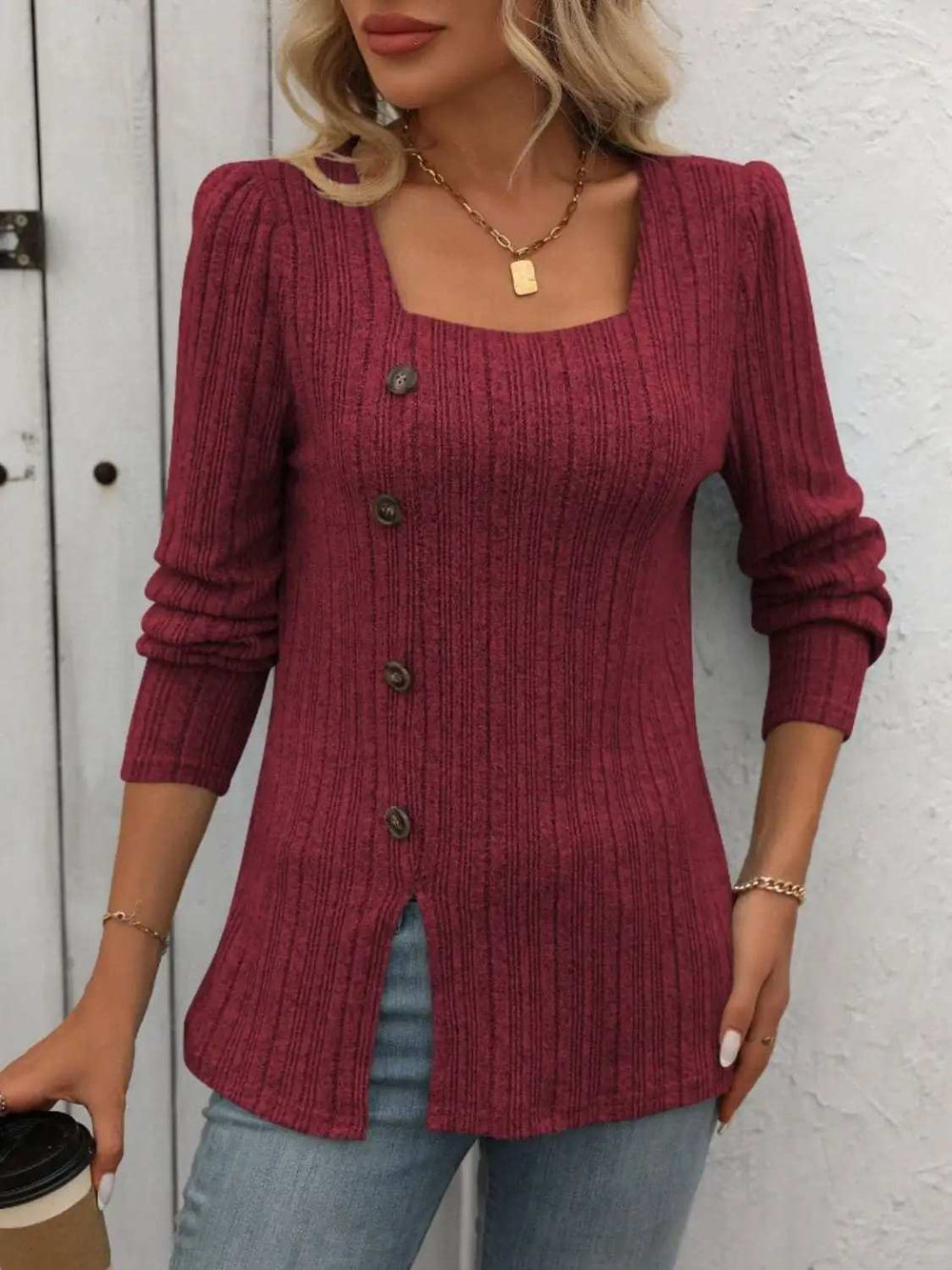 Decorative Button Striped Square Neck Long Sleeve T-Shirt - Trendsi - Flyclothing LLC