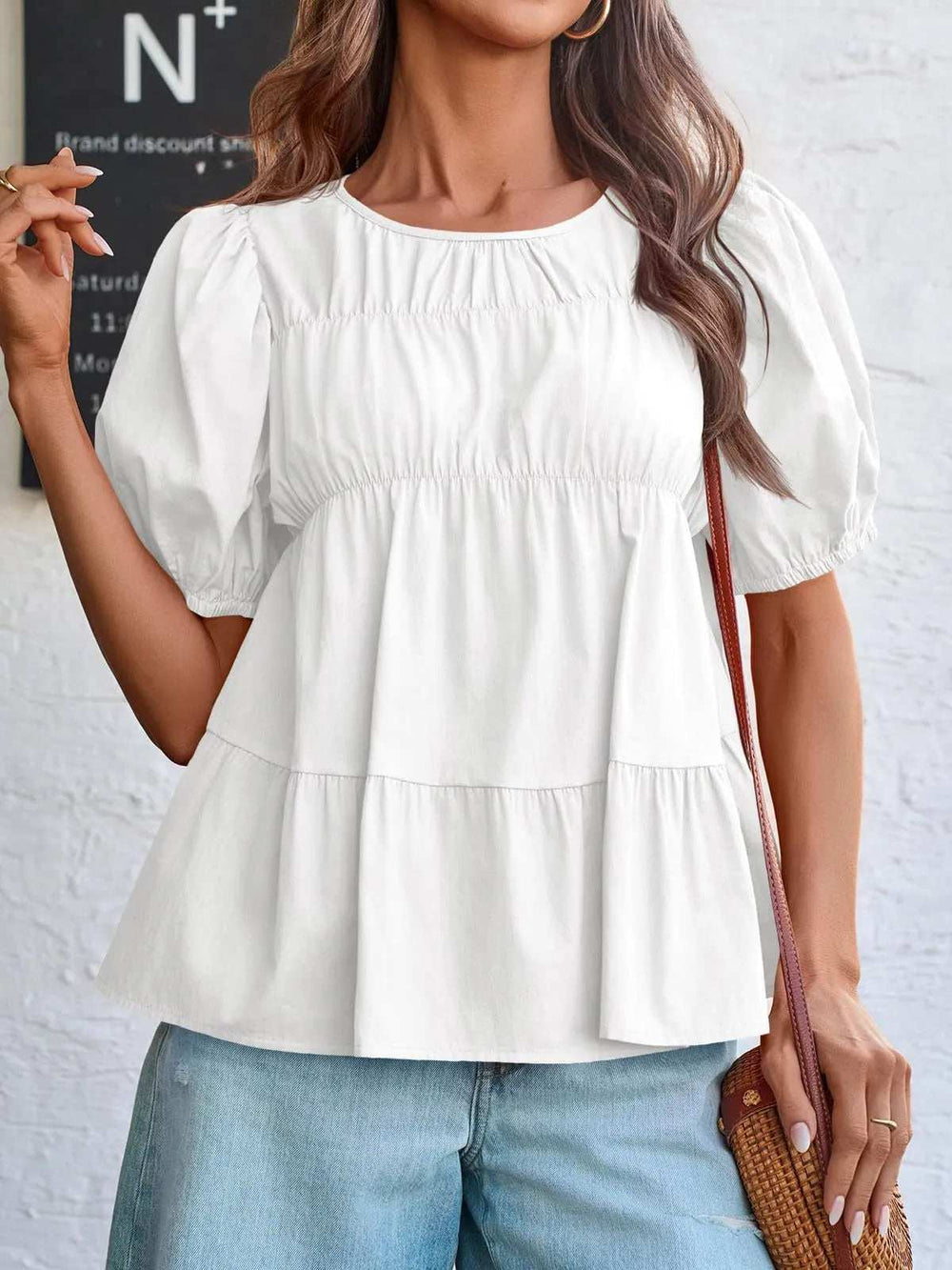 Round Neck Puff Sleeve Tiered Blouse - Trendsi - Flyclothing LLC