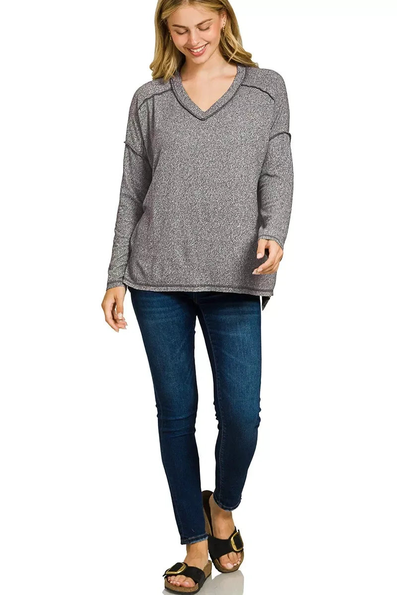 Zenana Soft Melange Hacci Exposed Seam Hi-low Tee - Trendsi - Flyclothing LLC