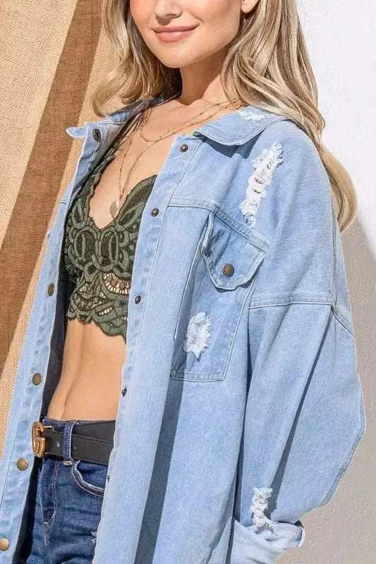 And The Why Button Front Flap Pocket Ripped Denim Jacket - Trendsi - Flyclothing LLC