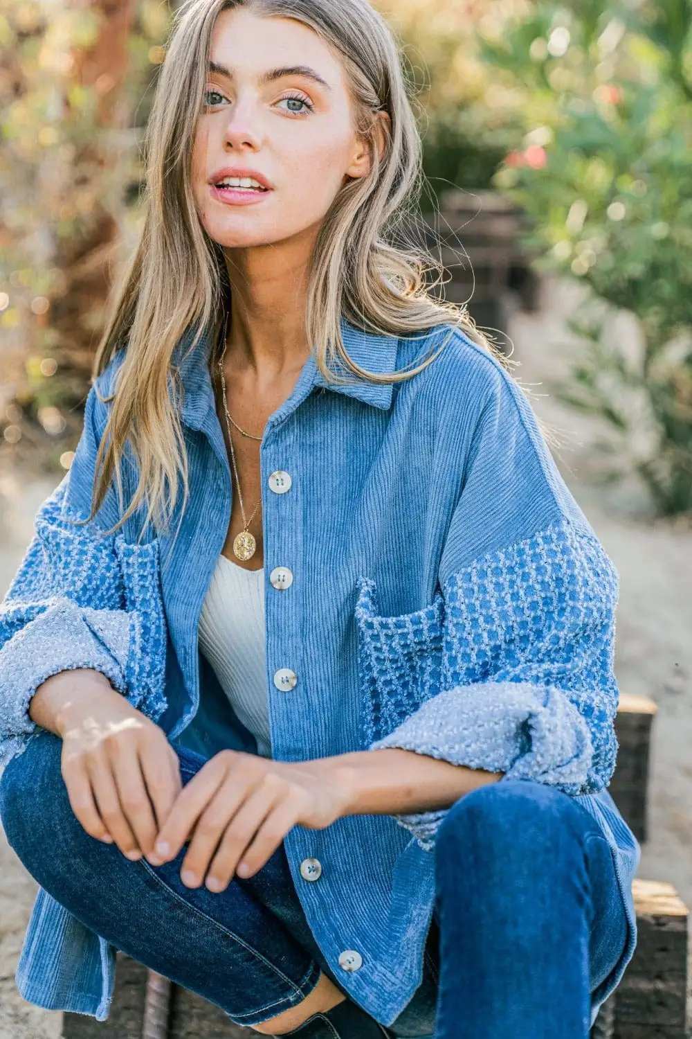 And The Why Button Down Corduroy Contrast Texture Long Sleeve Shacket - Trendsi - Flyclothing LLC