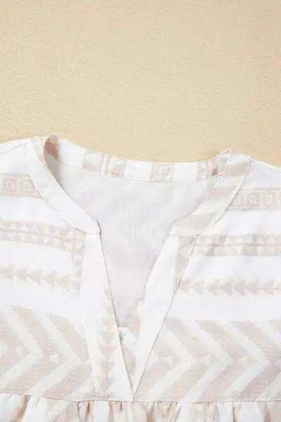 Geometric Jacquard Notched Half Sleeve Blouse - Trendsi - Flyclothing LLC