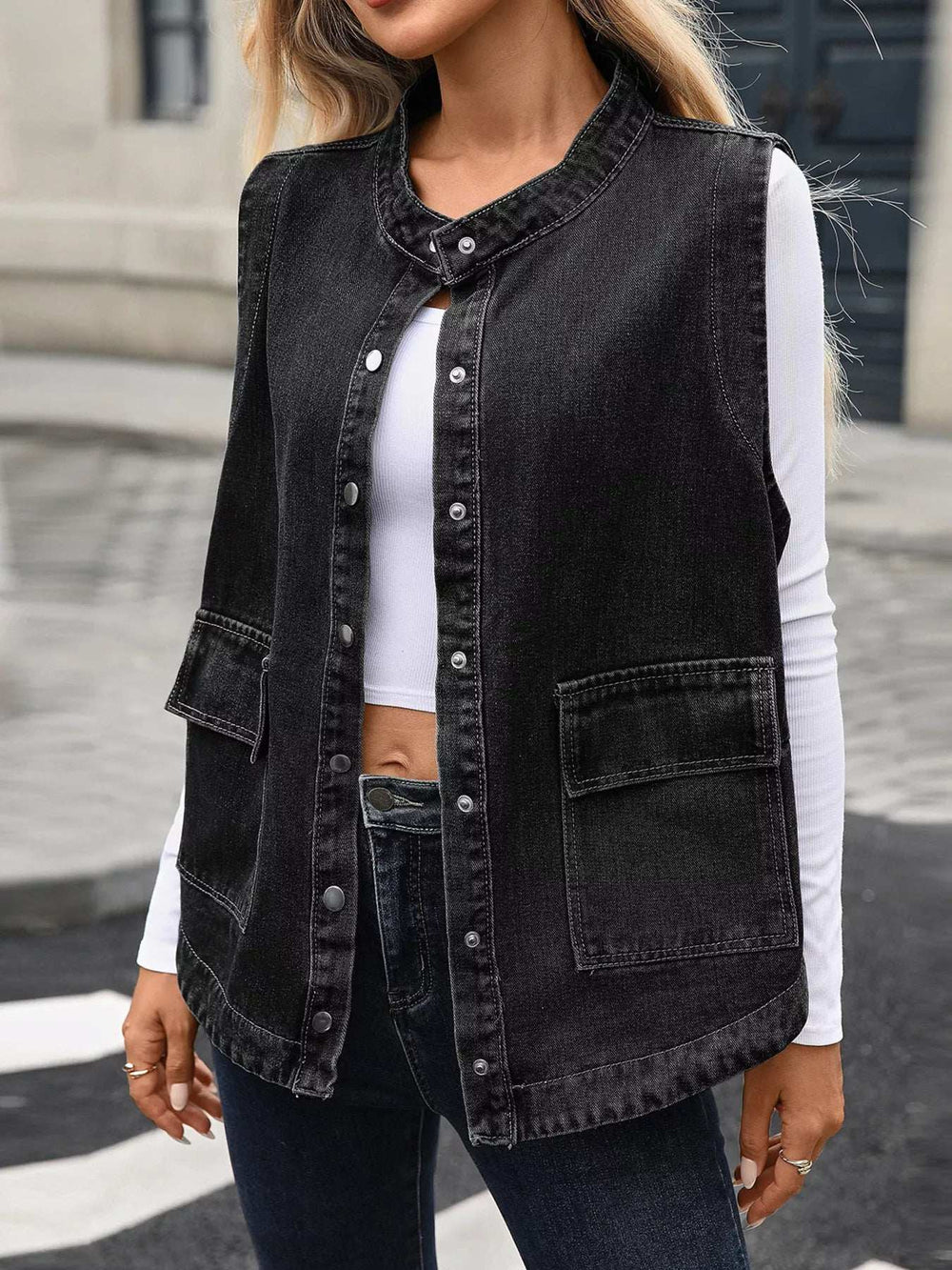 Snap Down Sleeveless Denim Jacket - Trendsi - Flyclothing LLC