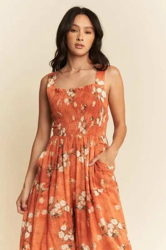 Davi & Dani Floral Ruffle Square Neck Smocking Bodice Jumpsuit - Trendsi - Flyclothing LLC