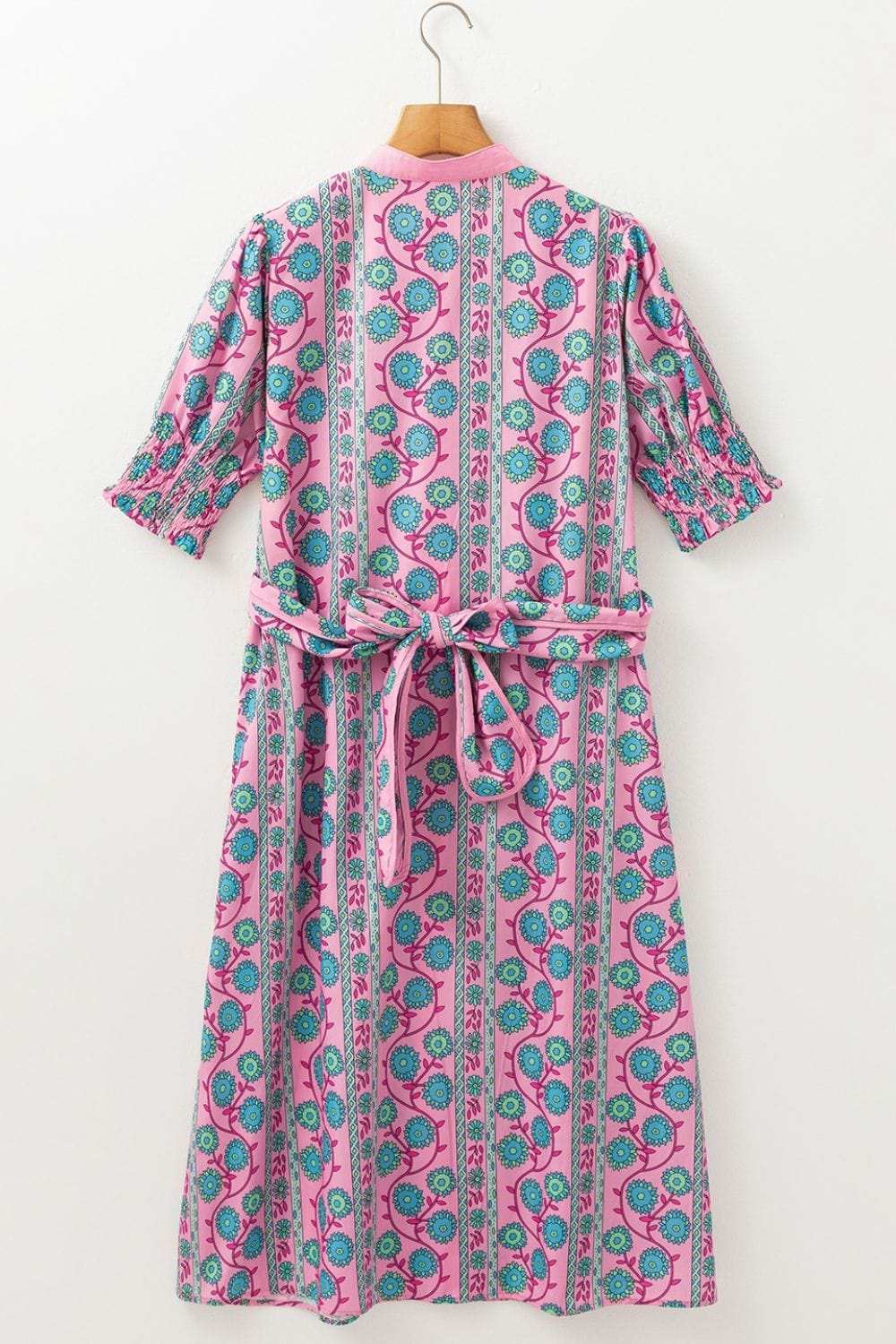 Printed Shirred Sleeve Buttoned Front Midi Dress with Sash - Trendsi - Flyclothing LLC