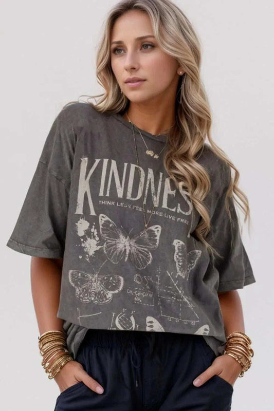 Kindness Butterflies Graphic Mineral Wash Loose Tee - Trendsi - Flyclothing LLC