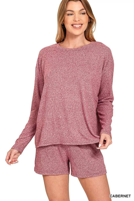Zenana Soft Melange Long Sleeve Tee and Shorts Set - Trendsi - Flyclothing LLC