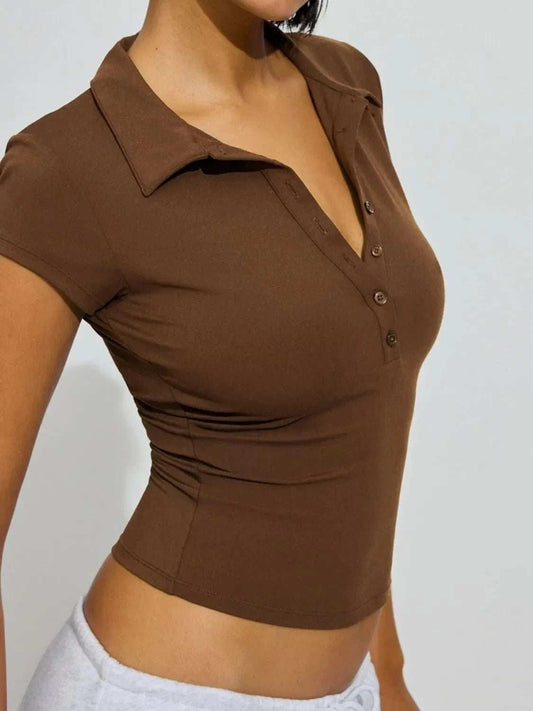Collared Neck Short Sleeve Top - Trendsi - Flyclothing LLC