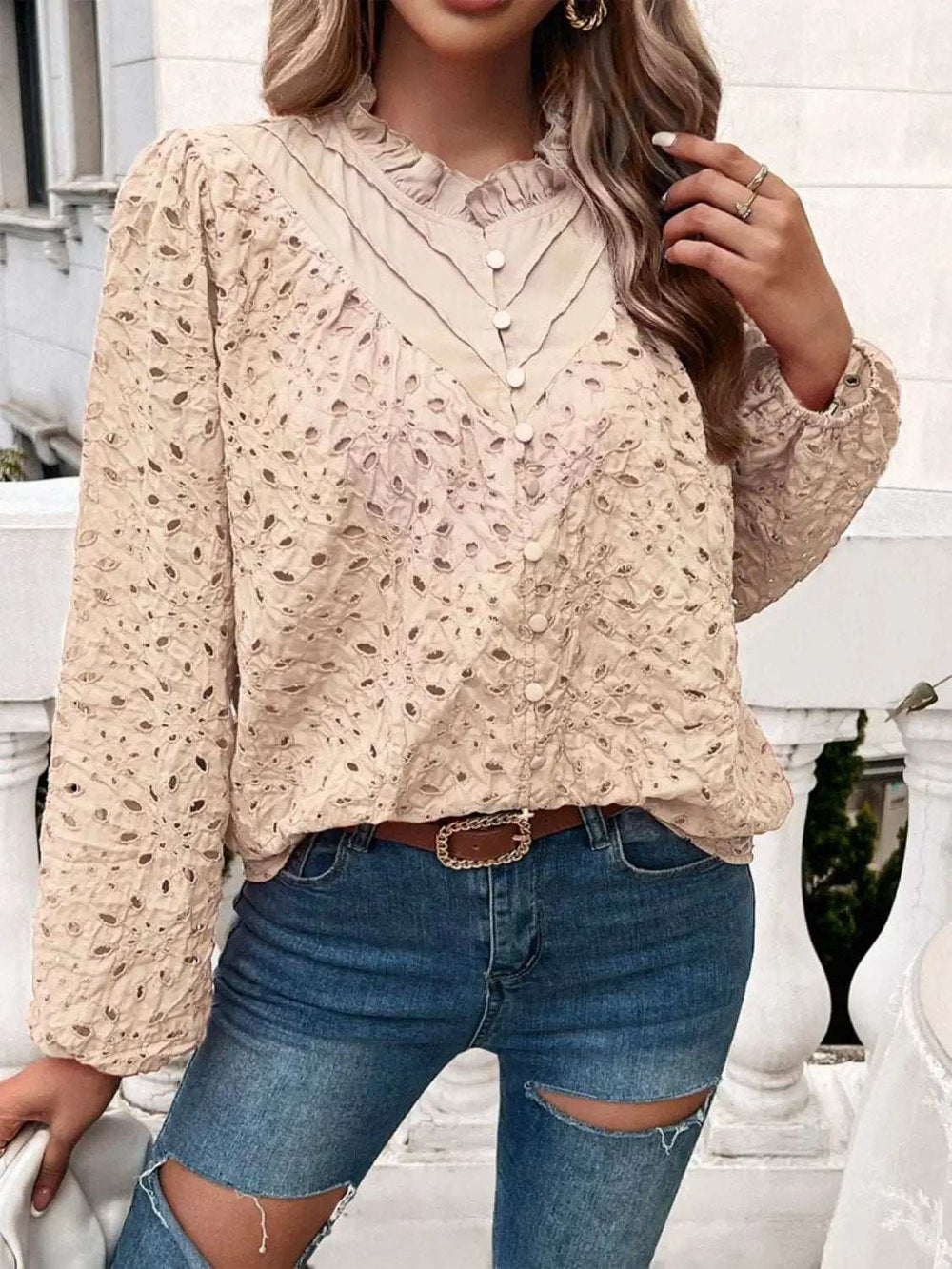 Frill Round Neck Long Sleeve Shirt - Trendsi - Flyclothing LLC