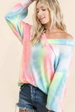 BiBi Tie Dye French Terry V-Neck Top with Puff Sleeves - Trendsi - Flyclothing LLC