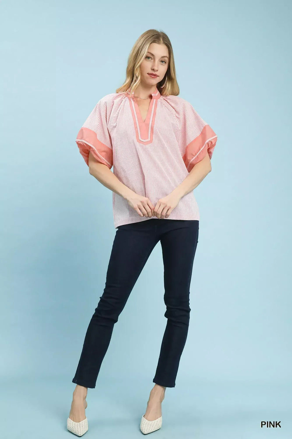 Umgee Striped Mixed Puff Sleeve Blouse - Trendsi - Flyclothing LLC