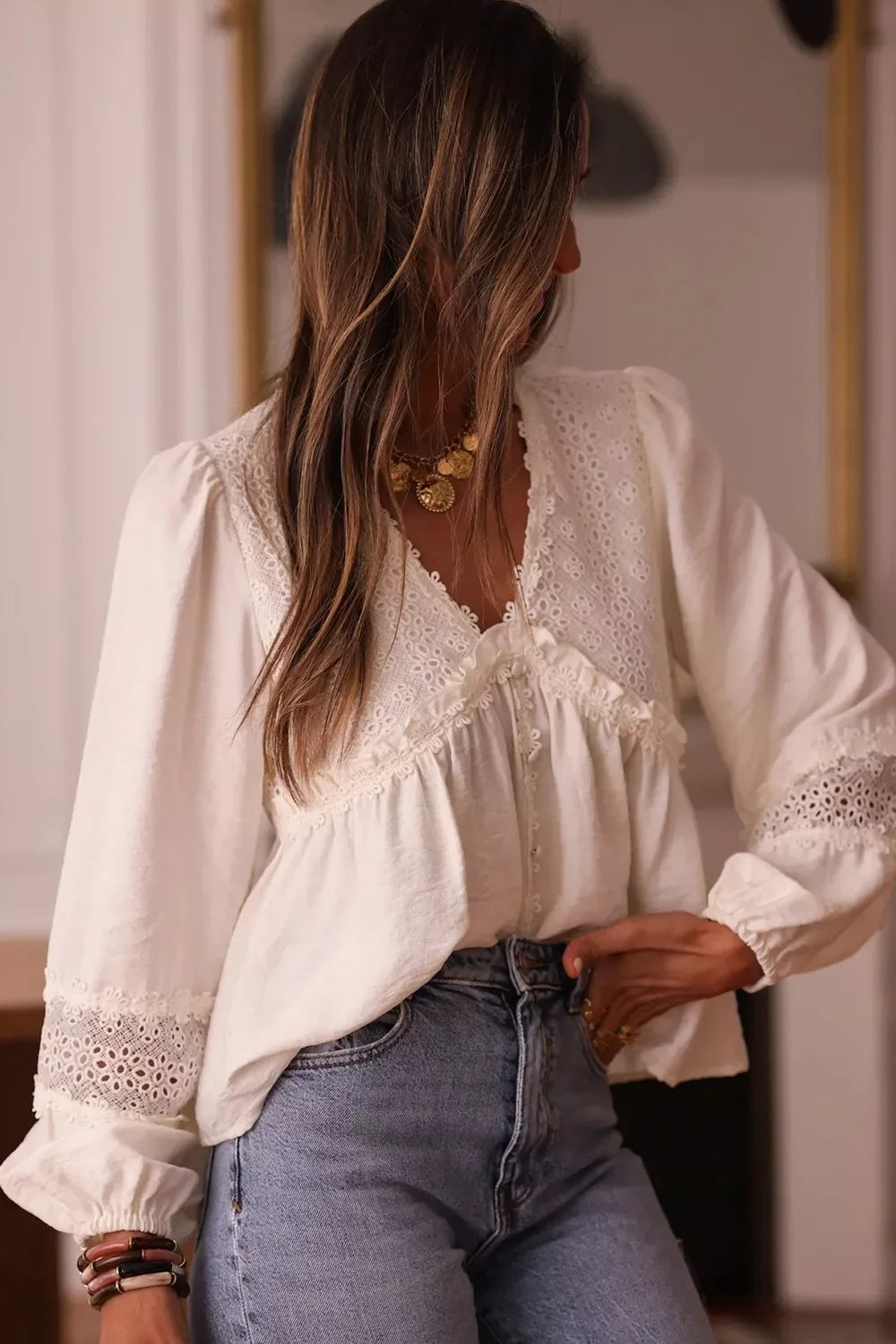 Lace Trim V-Neck Blouse - Trendsi - Flyclothing LLC
