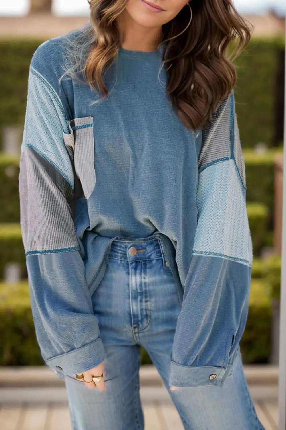 Patchwork Color Block Round Neck Long Sleeve Top - Trendsi - Flyclothing LLC