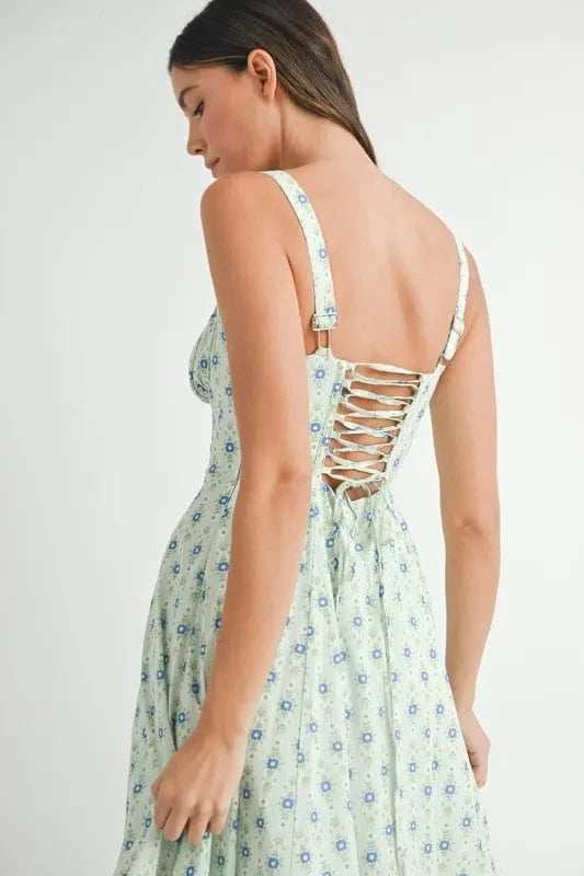 MABLE Floral Print Bustier Back Lace Up Midi Dress - Trendsi - Flyclothing LLC