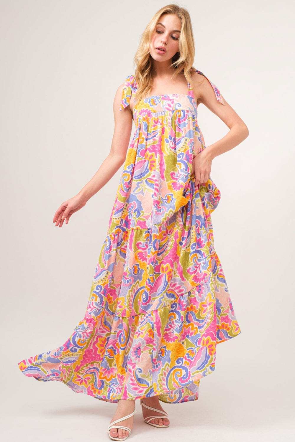And The Why Full Size Printed Tie Shoulder Tiered Maxi Dress - Trendsi - Flyclothing LLC