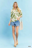 Umgee Leafy Damask Print Blouse with Contrast Scalloped Trim Detail - Trendsi - Flyclothing LLC