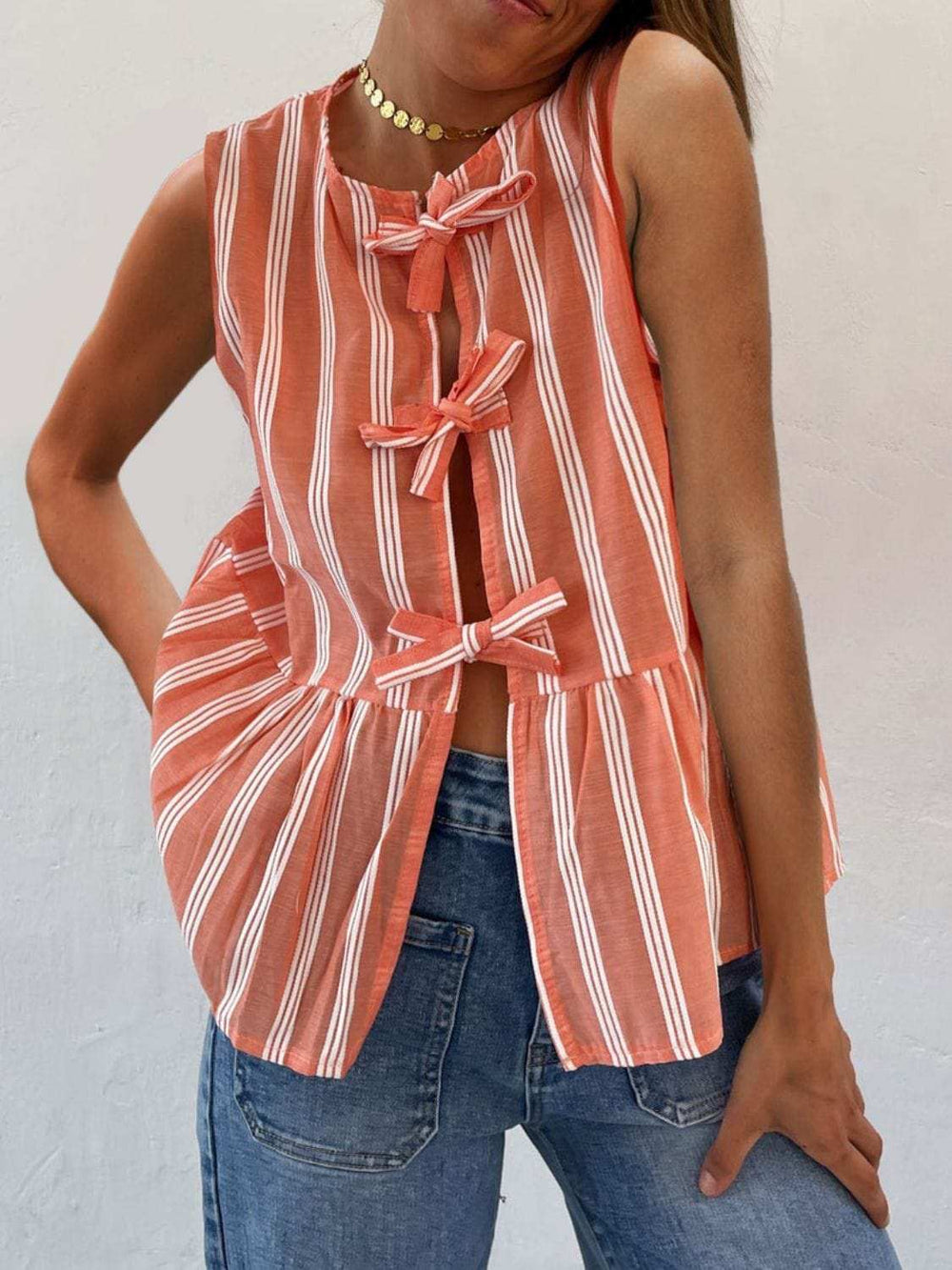 Tied Striped Round Neck Tank - Trendsi - Flyclothing LLC