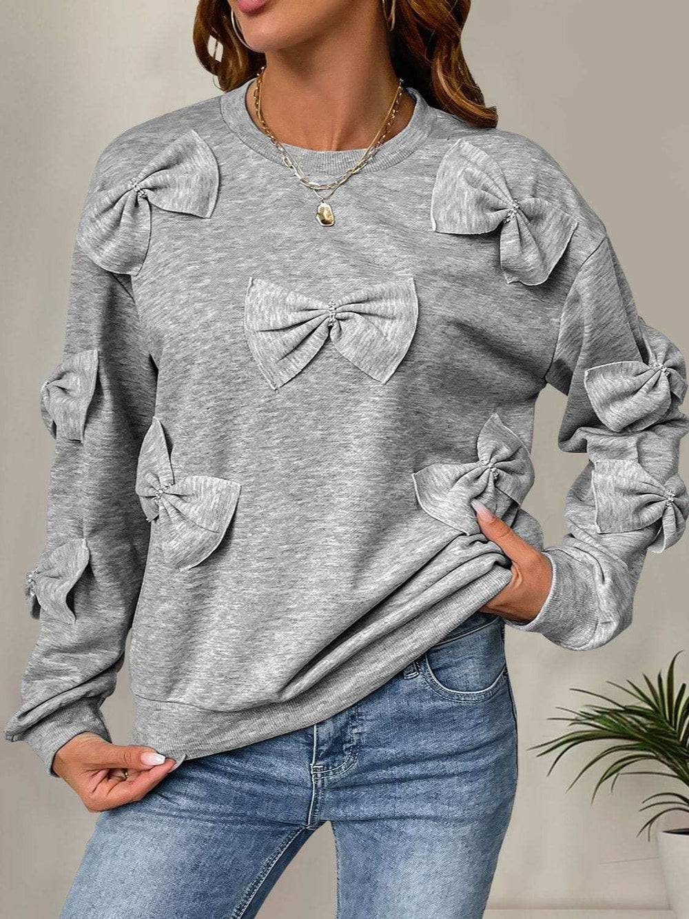 Perfee Bow Round Neck Long Sleeve Sweatshirt - Trendsi - Flyclothing LLC