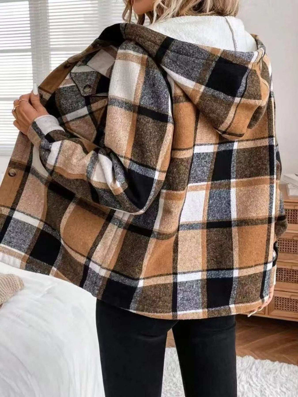 Hooded Plaid Button Up Jacket - Trendsi - Flyclothing LLC