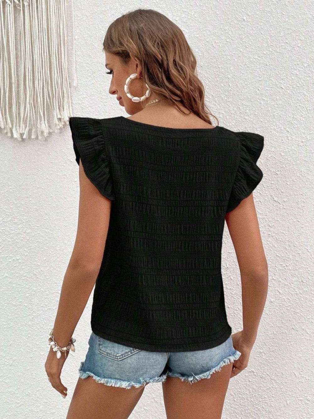 Ruffled Square Neck Cap Sleeve Blouse - Trendsi - Flyclothing LLC
