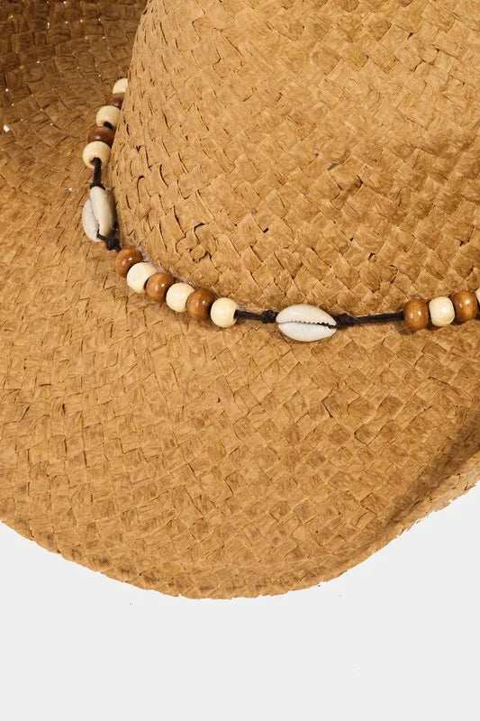 Fame Beaded Cowrie Shell Straw Weave Western Cowboy Hat - Trendsi - Flyclothing LLC