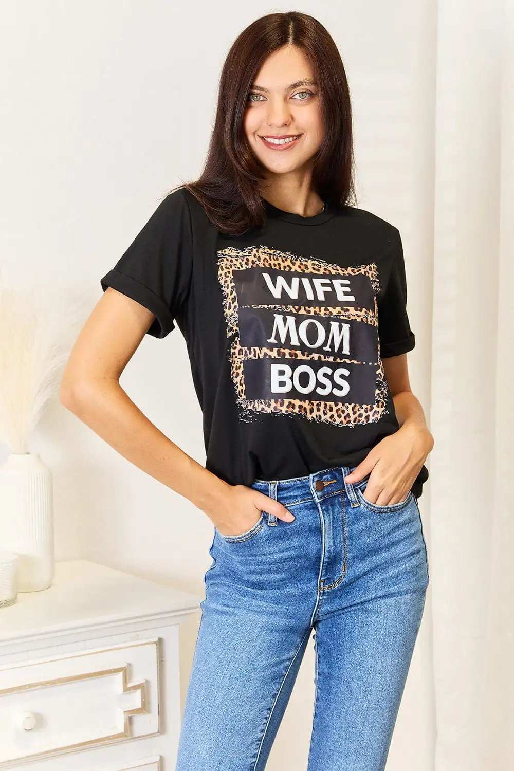 Simply Love WIFE MOM BOSS Leopard Graphic T-Shirt - Trendsi - Flyclothing LLC