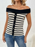 Decorative Button Striped Off-Shoulder Knit Top - Trendsi - Flyclothing LLC