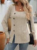 Decorative Button Striped Square Neck Long Sleeve T-Shirt - Trendsi - Flyclothing LLC