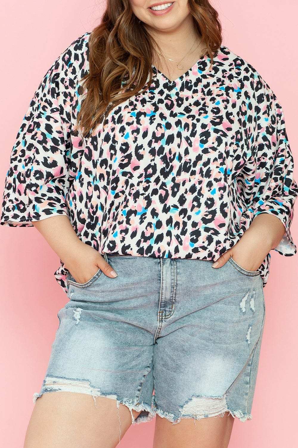 Plus Size Leopard V-Neck Three-Quarter Sleeve Blouse - Trendsi - Flyclothing LLC