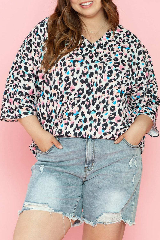 Plus Size Leopard V-Neck Three-Quarter Sleeve Blouse - Trendsi - Flyclothing LLC