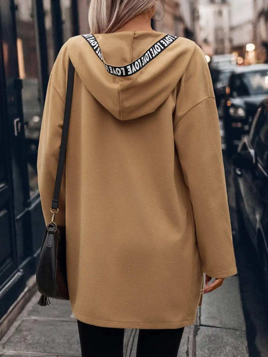 Letter Print Strap Zip Up Hooded Trench Coat - Trendsi - Flyclothing LLC