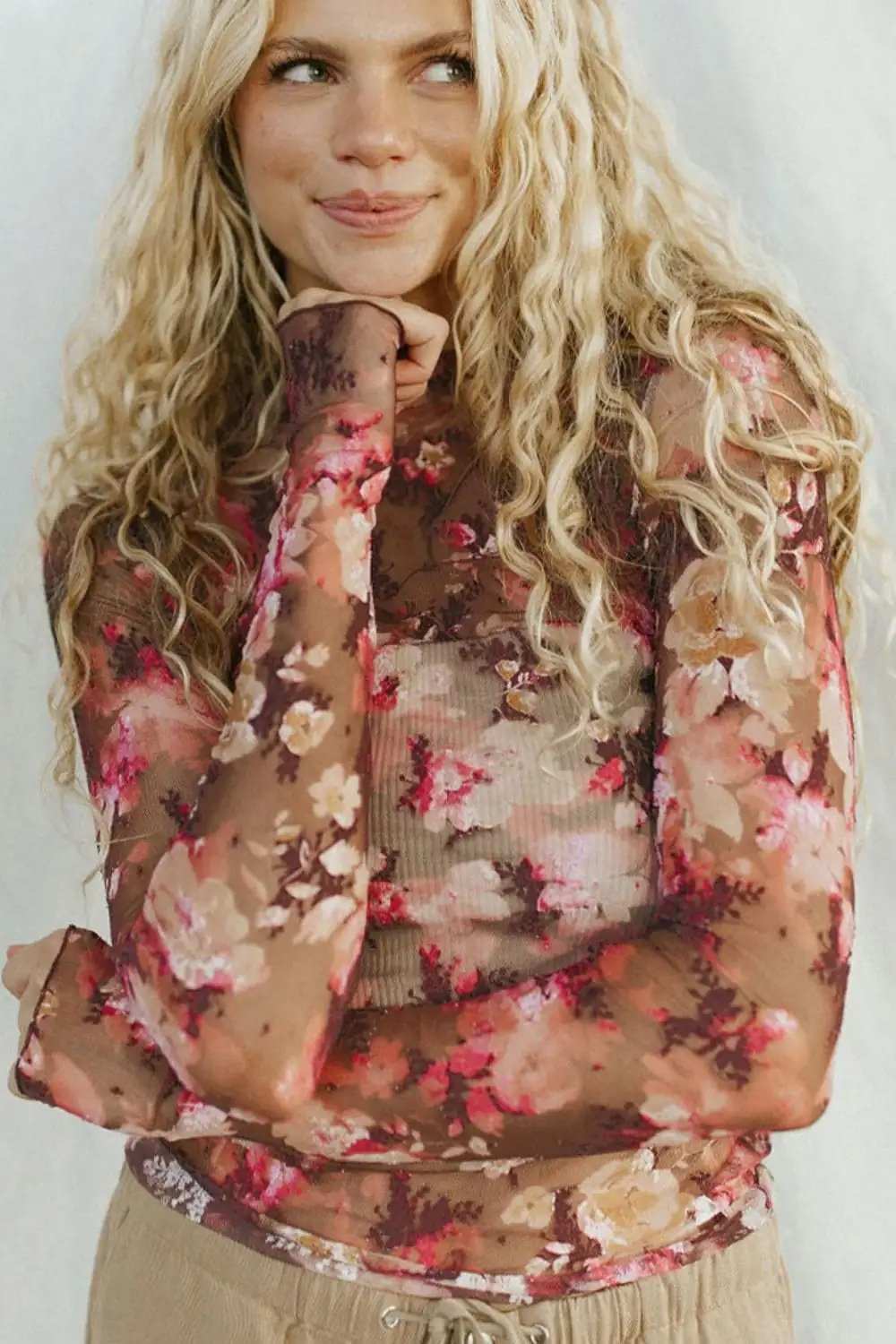 Floral Mock Neck Long Sleeve Sheer Top - Trendsi - Flyclothing LLC